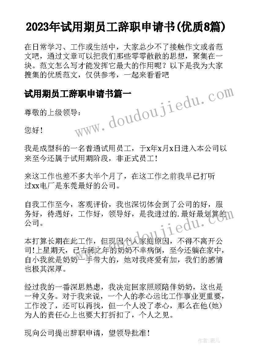 2023年试用期员工辞职申请书(优质8篇)