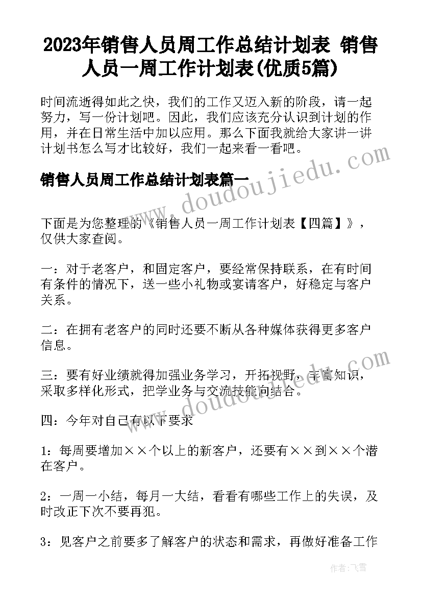 2023年销售人员周工作总结计划表 销售人员一周工作计划表(优质5篇)