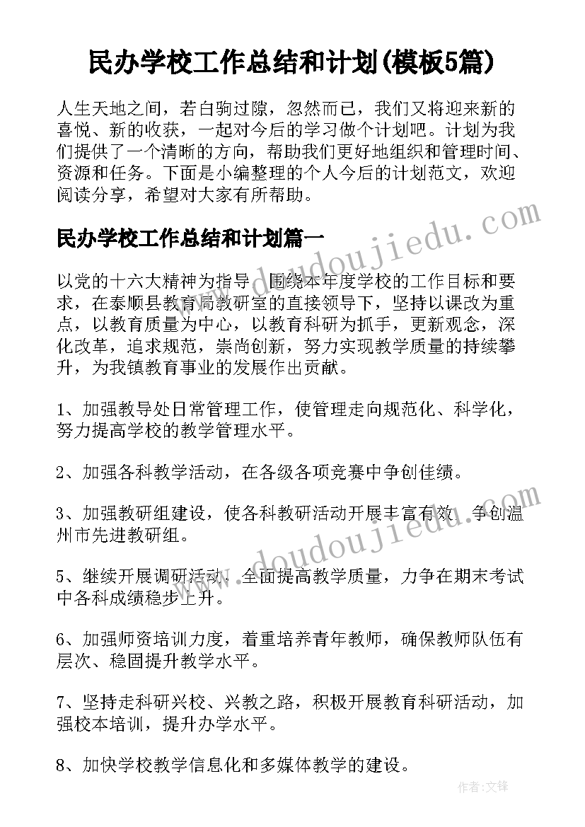 民办学校工作总结和计划(模板5篇)