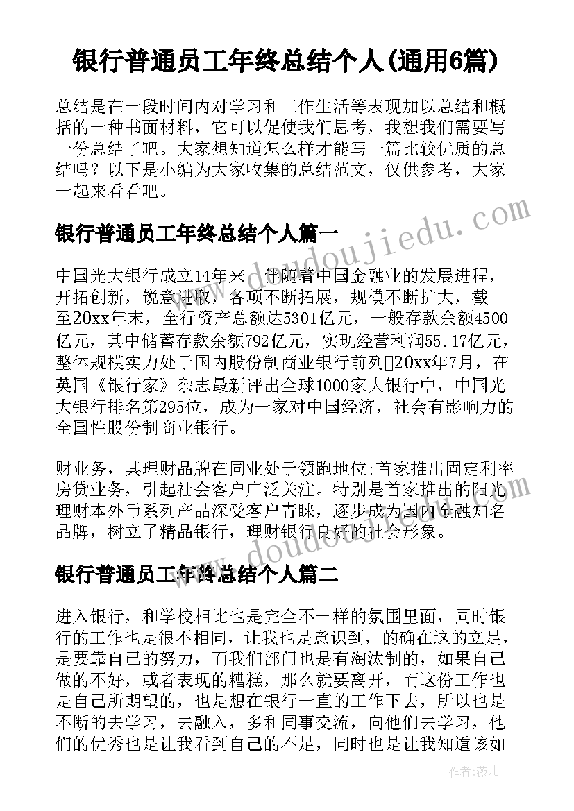 银行普通员工年终总结个人(通用6篇)