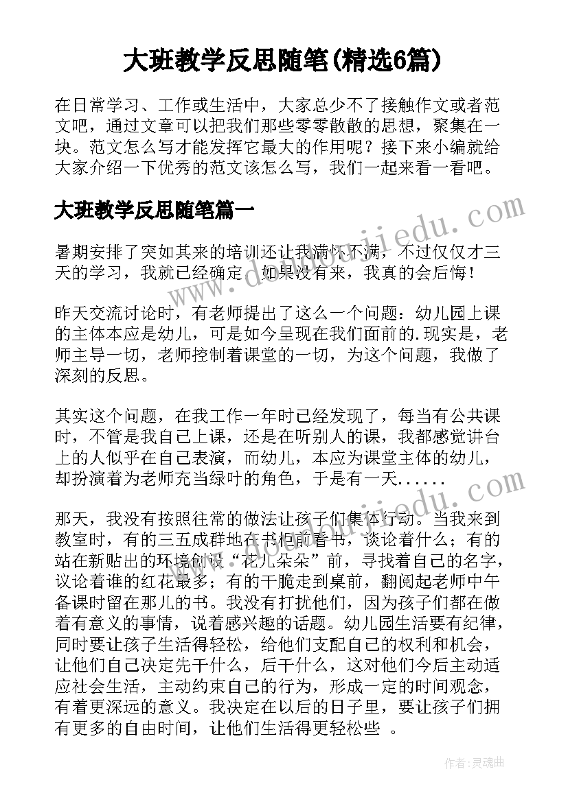 大班教学反思随笔(精选6篇)