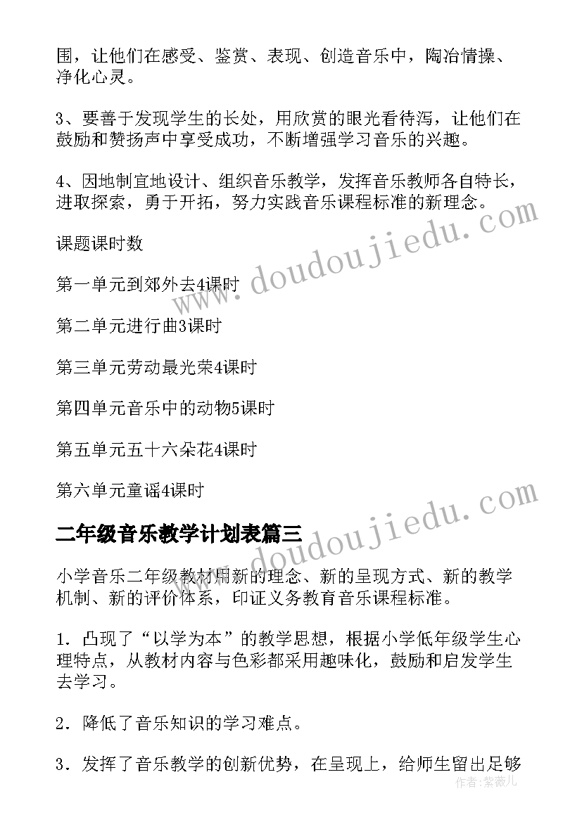 最新二年级音乐教学计划表(大全10篇)