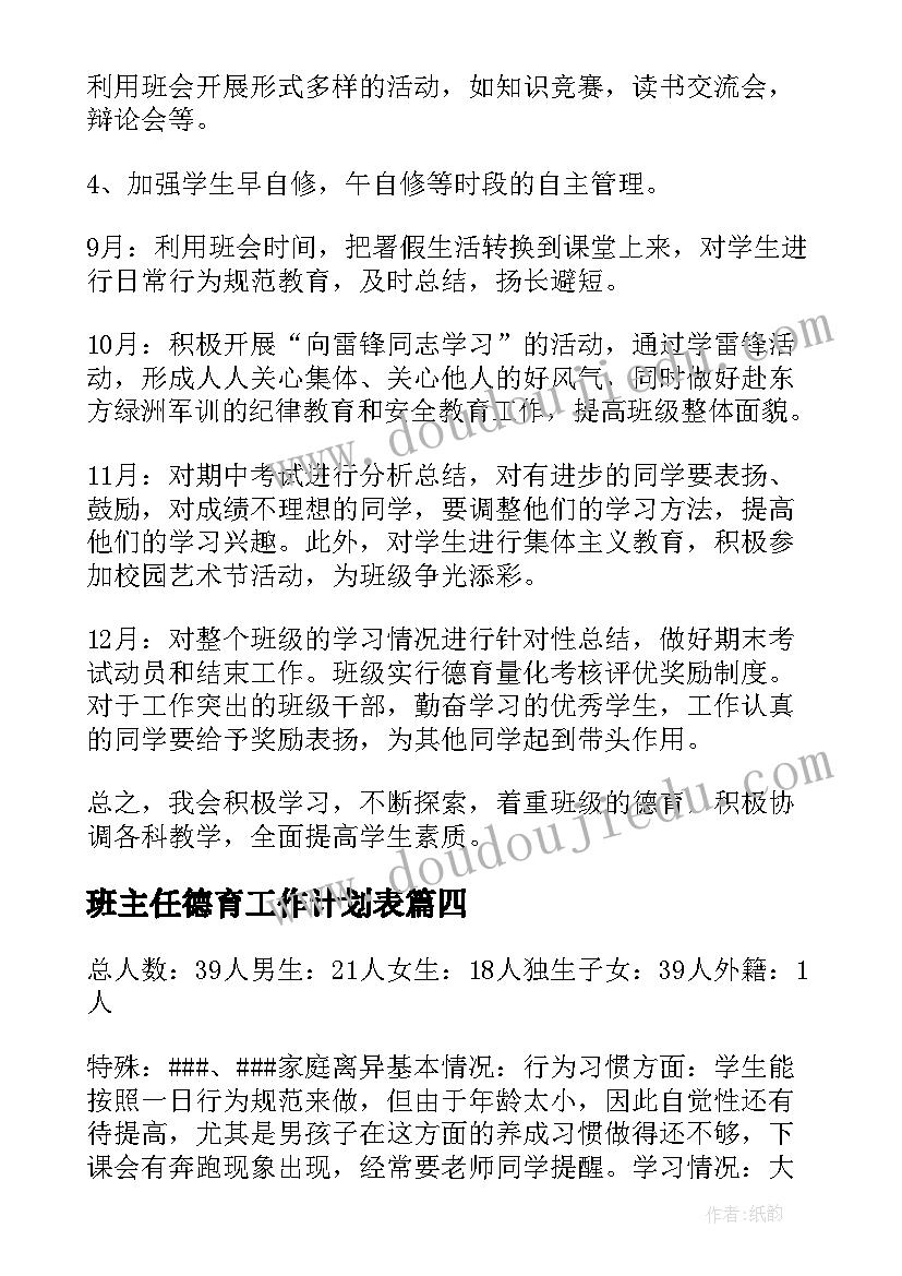 2023年班主任德育工作计划表(大全9篇)