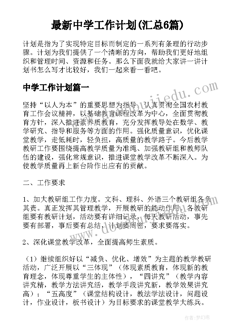 最新中学工作计划(汇总6篇)