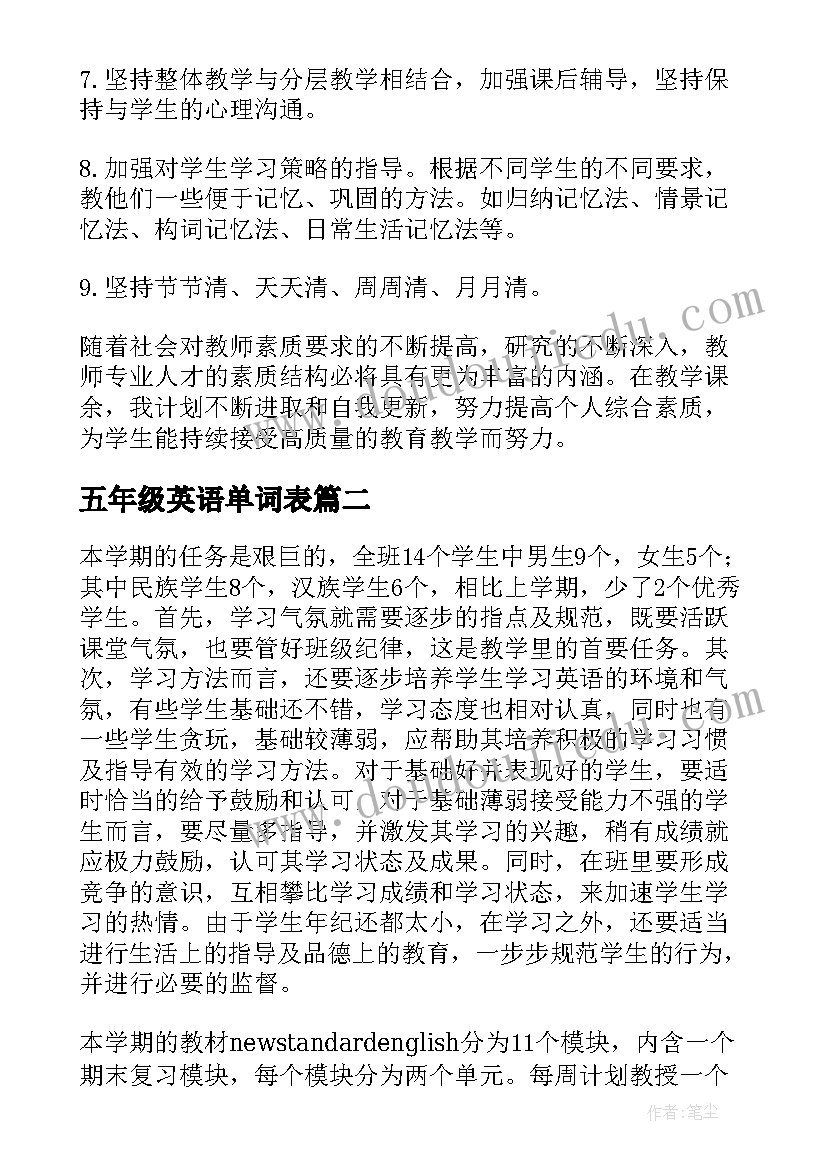 2023年五年级英语单词表 小学五年级英语教学计划(优秀7篇)