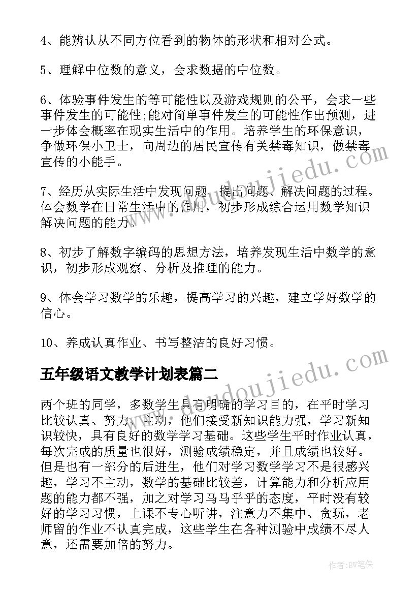 五年级语文教学计划表(汇总5篇)