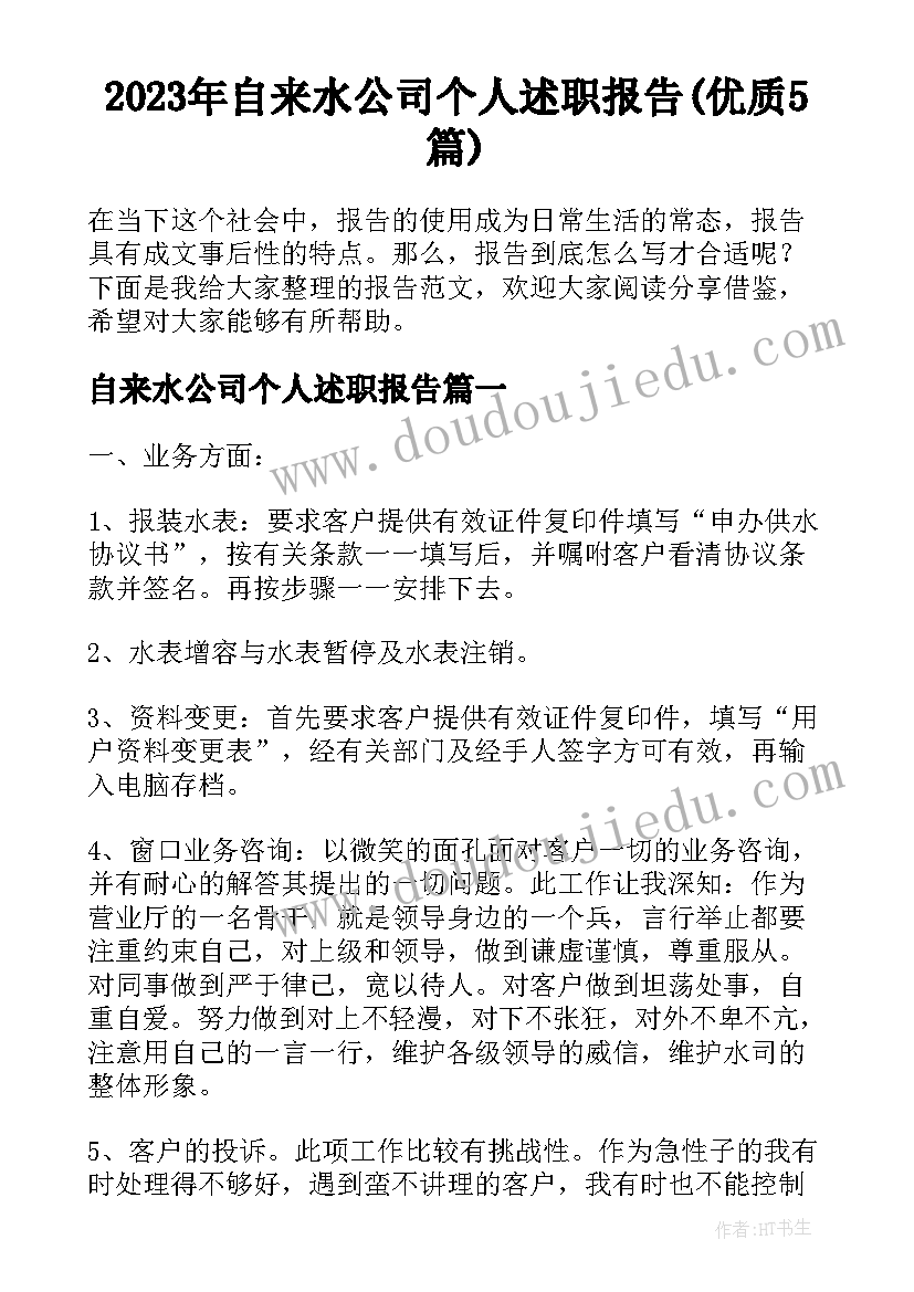 2023年自来水公司个人述职报告(优质5篇)