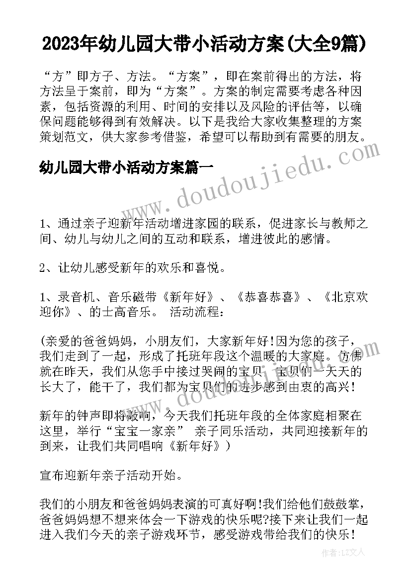 2023年幼儿园大带小活动方案(大全9篇)