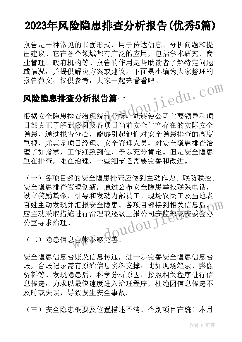 2023年风险隐患排查分析报告(优秀5篇)