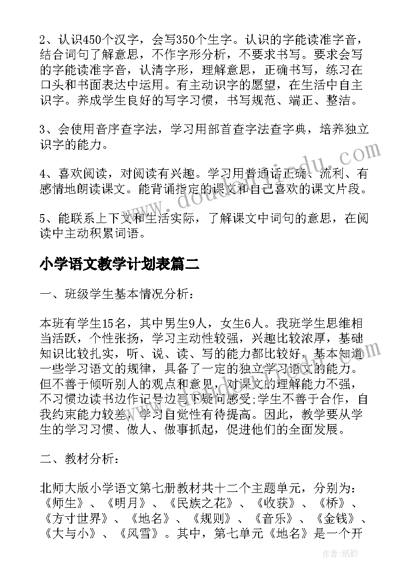 小学语文教学计划表(优秀5篇)