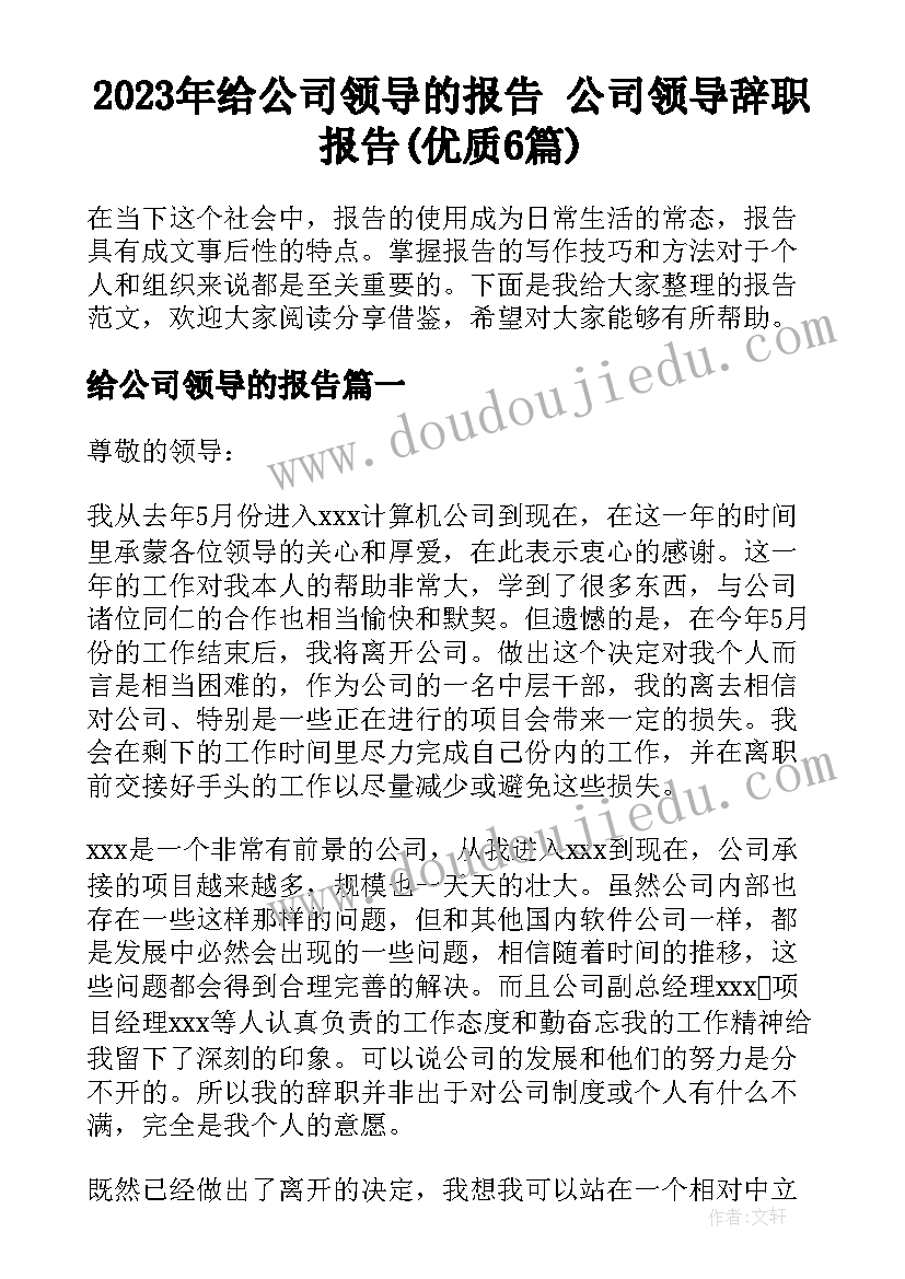 2023年给公司领导的报告 公司领导辞职报告(优质6篇)