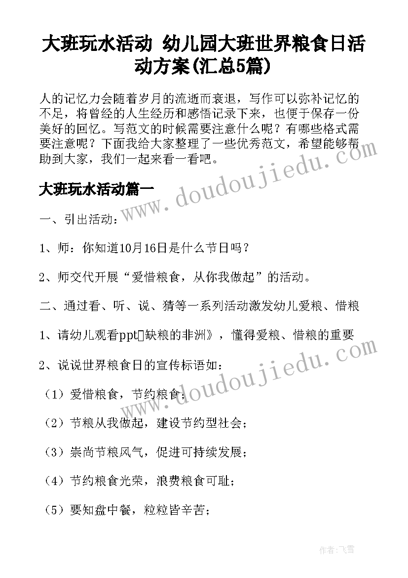 大班玩水活动 幼儿园大班世界粮食日活动方案(汇总5篇)