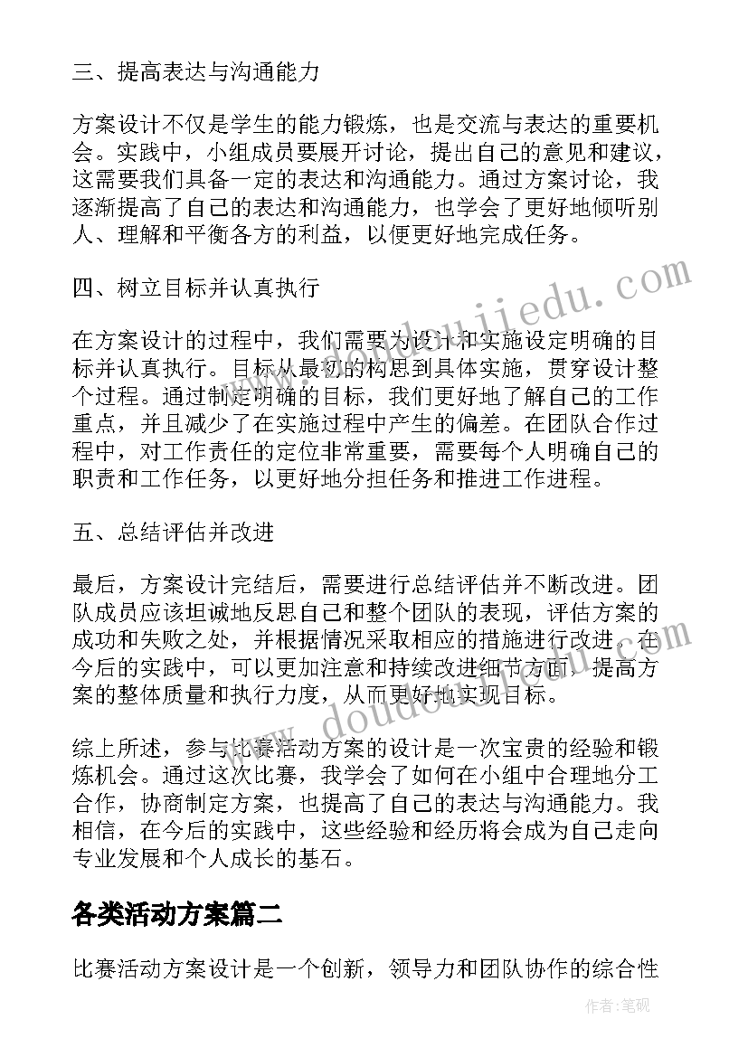 最新各类活动方案 心得体会比赛活动方案设计(通用6篇)