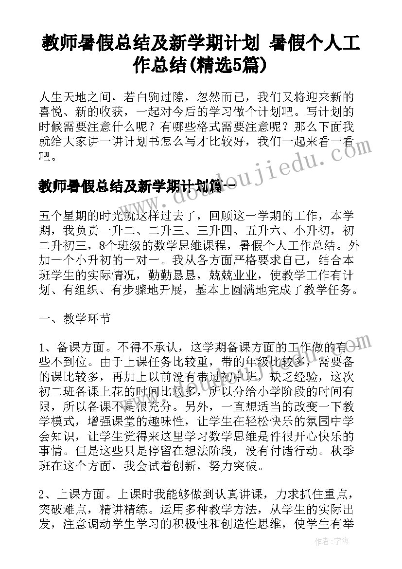 教师暑假总结及新学期计划 暑假个人工作总结(精选5篇)