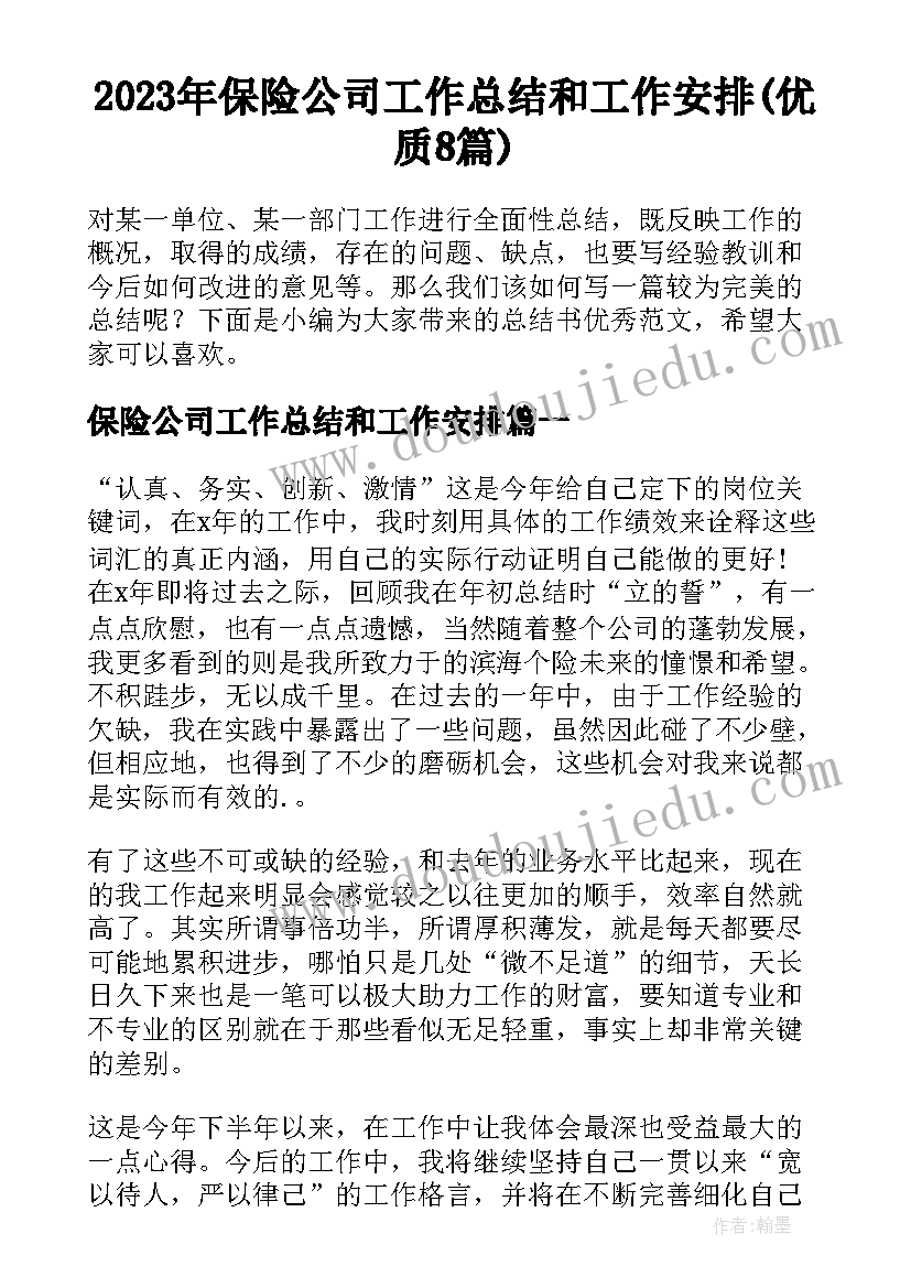 2023年保险公司工作总结和工作安排(优质8篇)