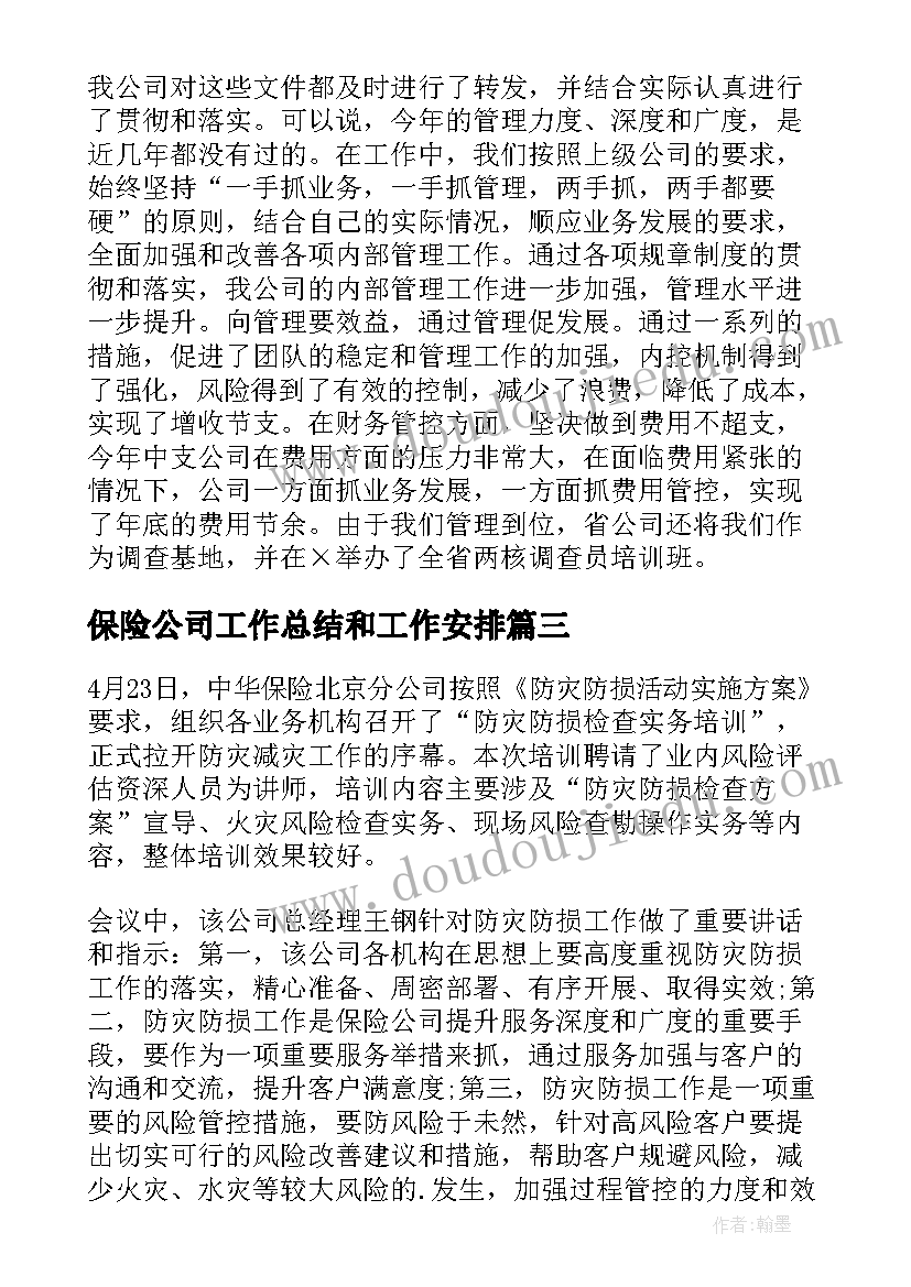 2023年保险公司工作总结和工作安排(优质8篇)