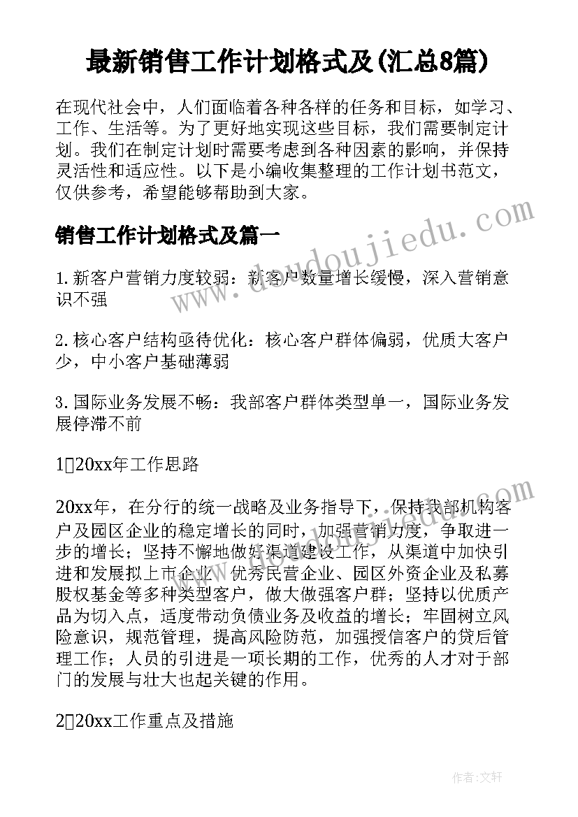 最新销售工作计划格式及(汇总8篇)