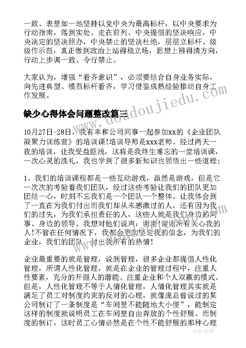 最新缺少心得体会问题整改(通用5篇)