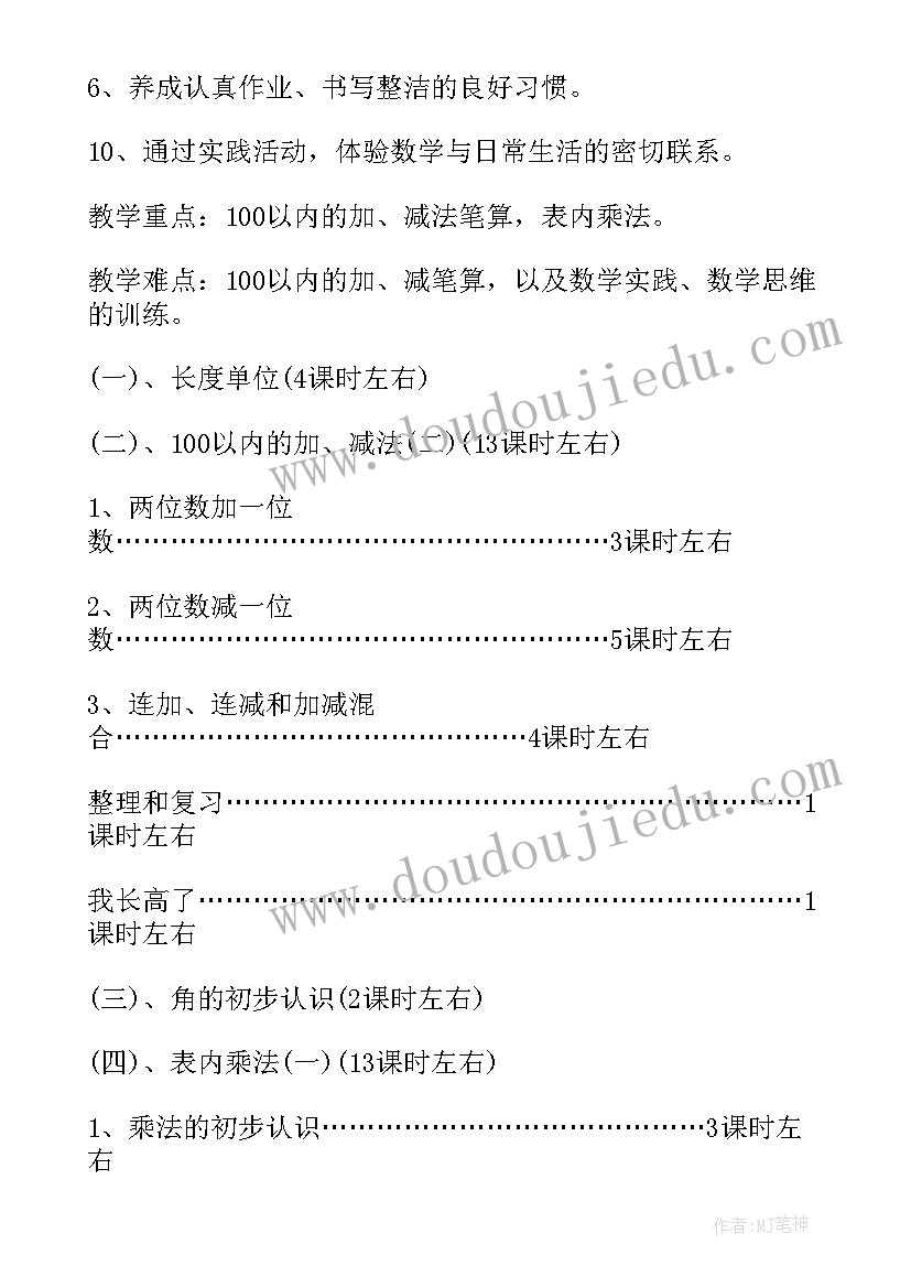 二年级数学教学工作计划表(实用9篇)