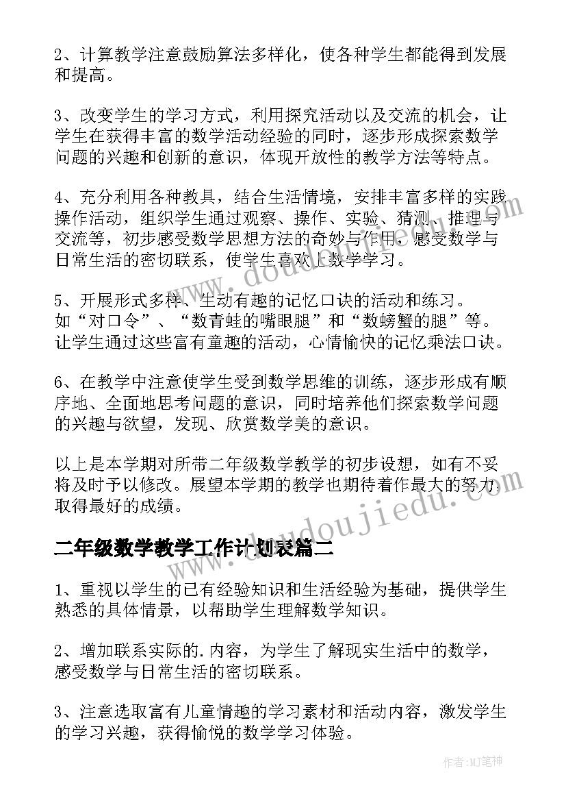 二年级数学教学工作计划表(实用9篇)