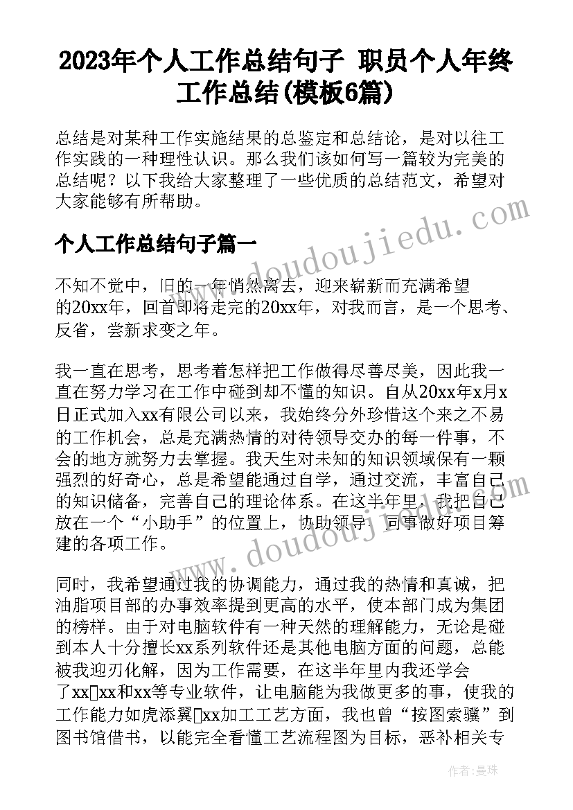 2023年个人工作总结句子 职员个人年终工作总结(模板6篇)