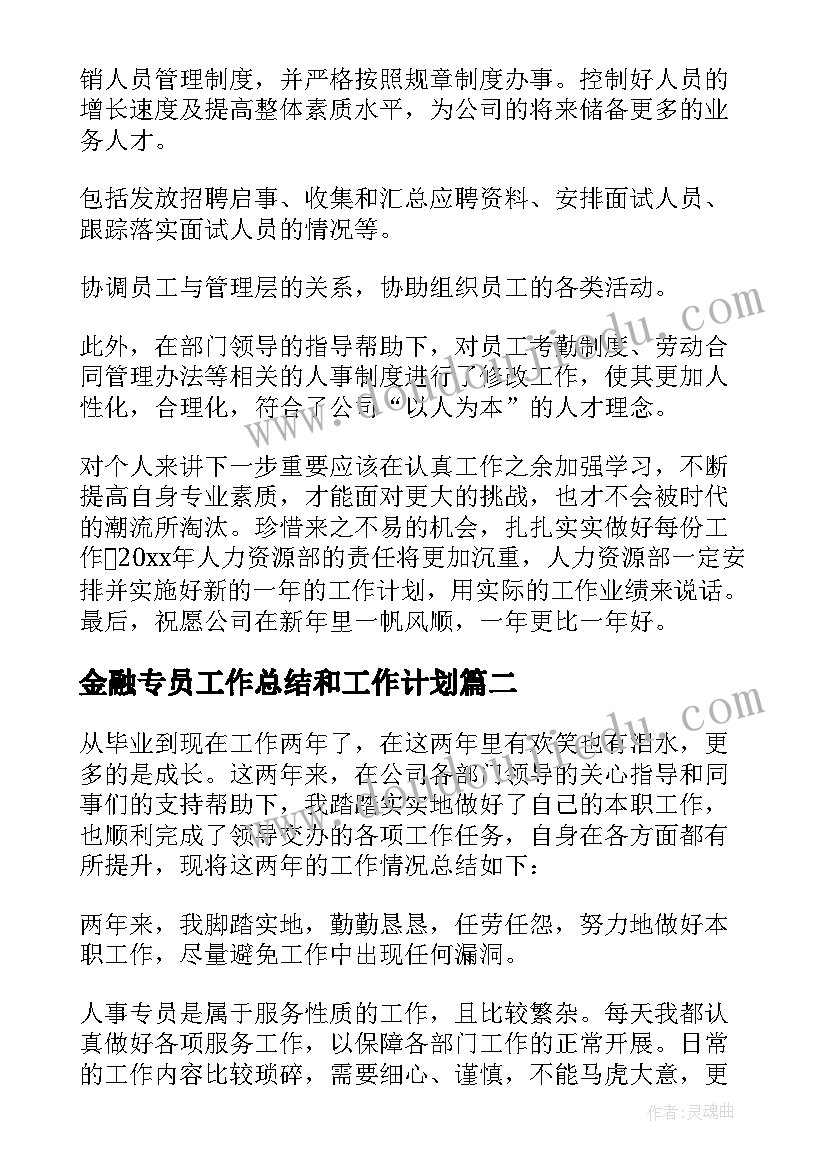 2023年金融专员工作总结和工作计划 公司人事专员工作总结(模板6篇)