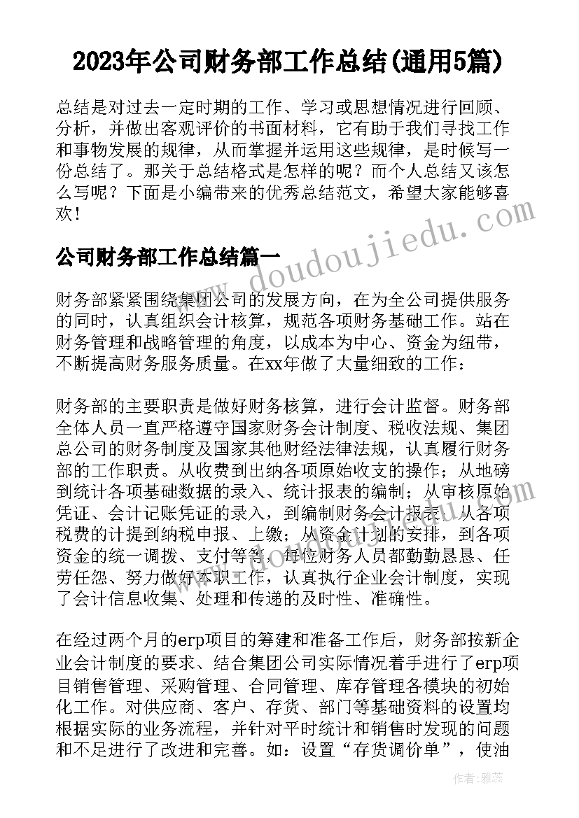 2023年公司财务部工作总结(通用5篇)