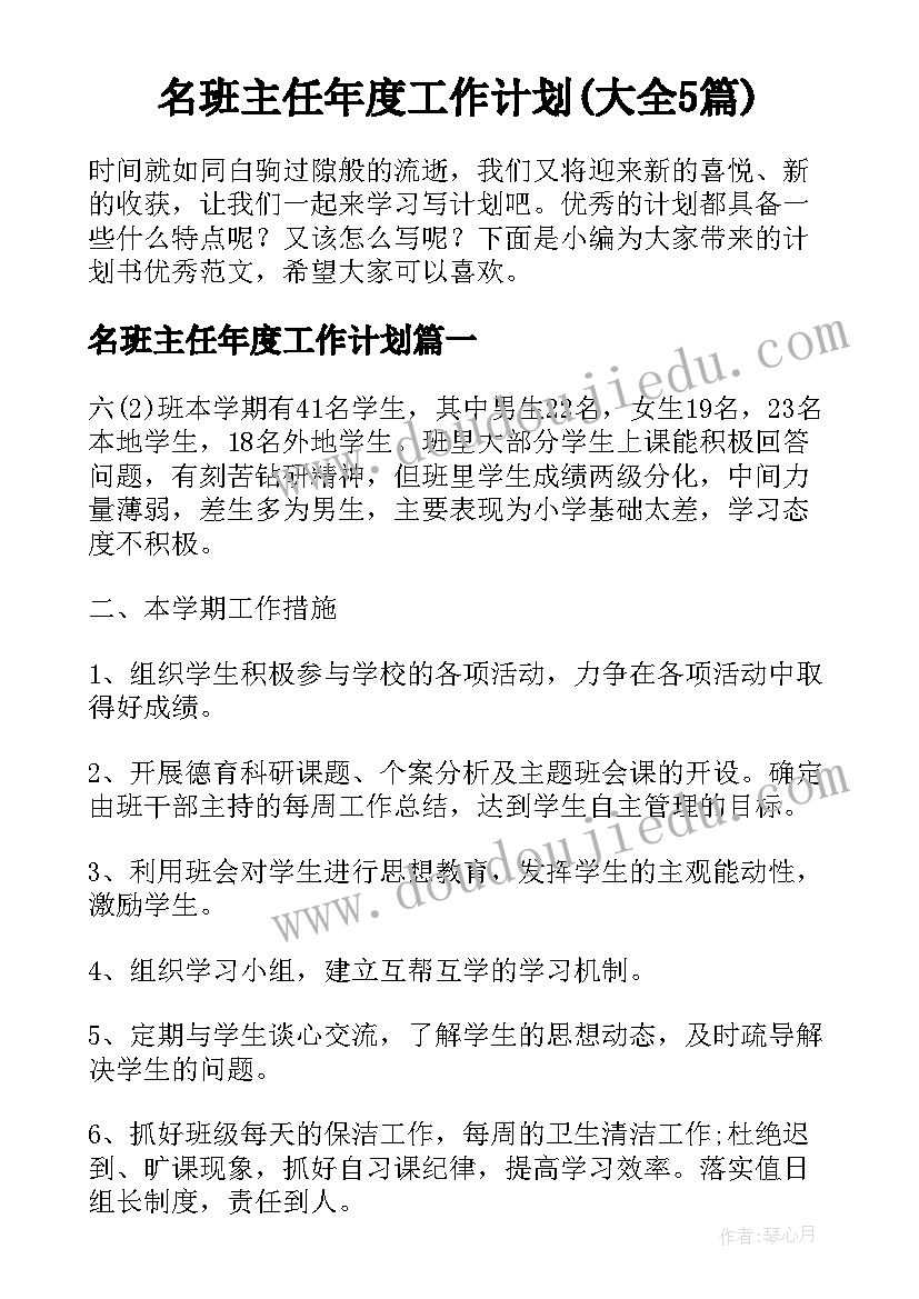 名班主任年度工作计划(大全5篇)