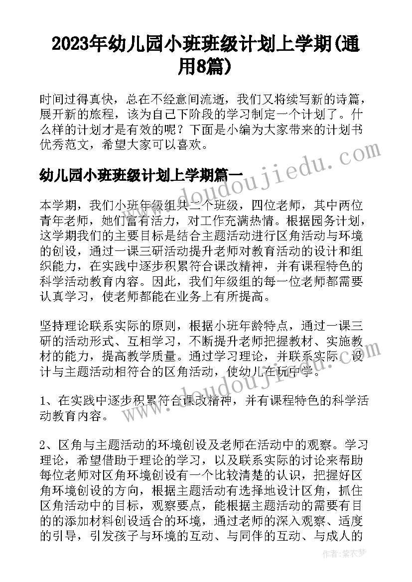 2023年幼儿园小班班级计划上学期(通用8篇)