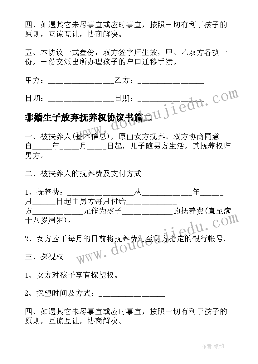 最新非婚生子放弃抚养权协议书(大全5篇)