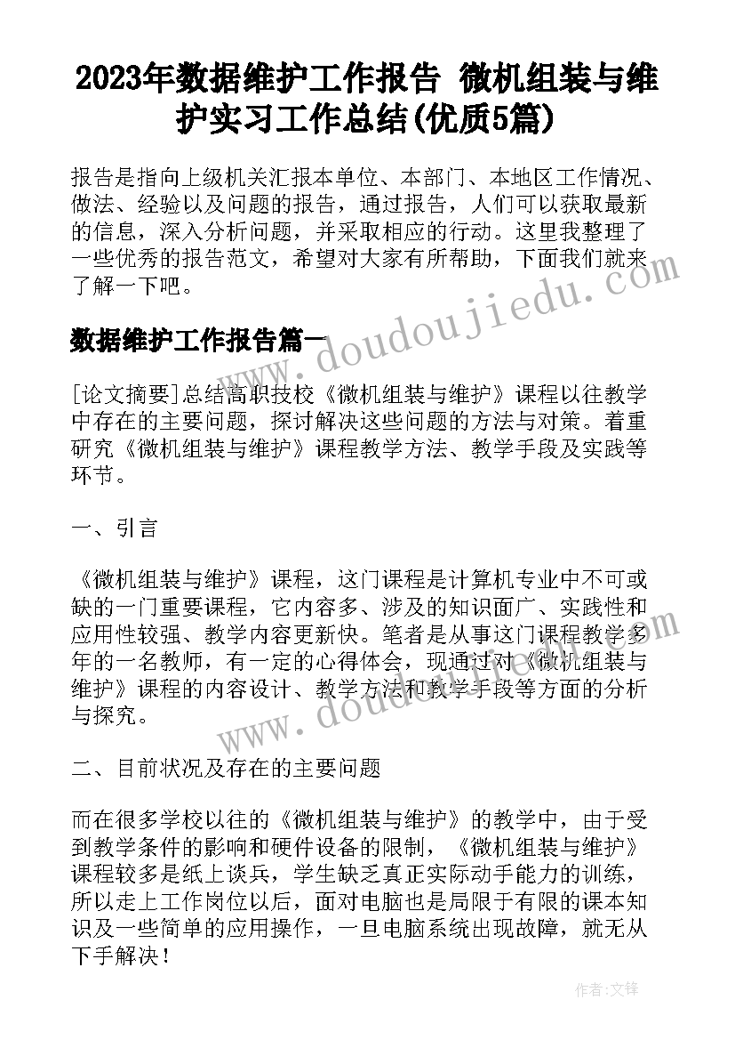 2023年数据维护工作报告 微机组装与维护实习工作总结(优质5篇)