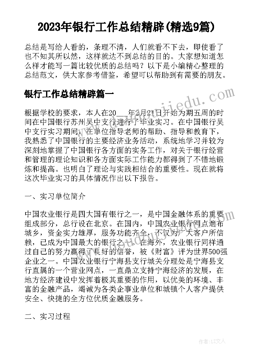 2023年银行工作总结精辟(精选9篇)