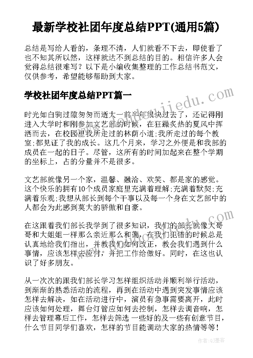 最新学校社团年度总结PPT(通用5篇)