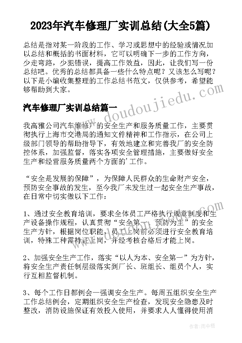 2023年汽车修理厂实训总结(大全5篇)