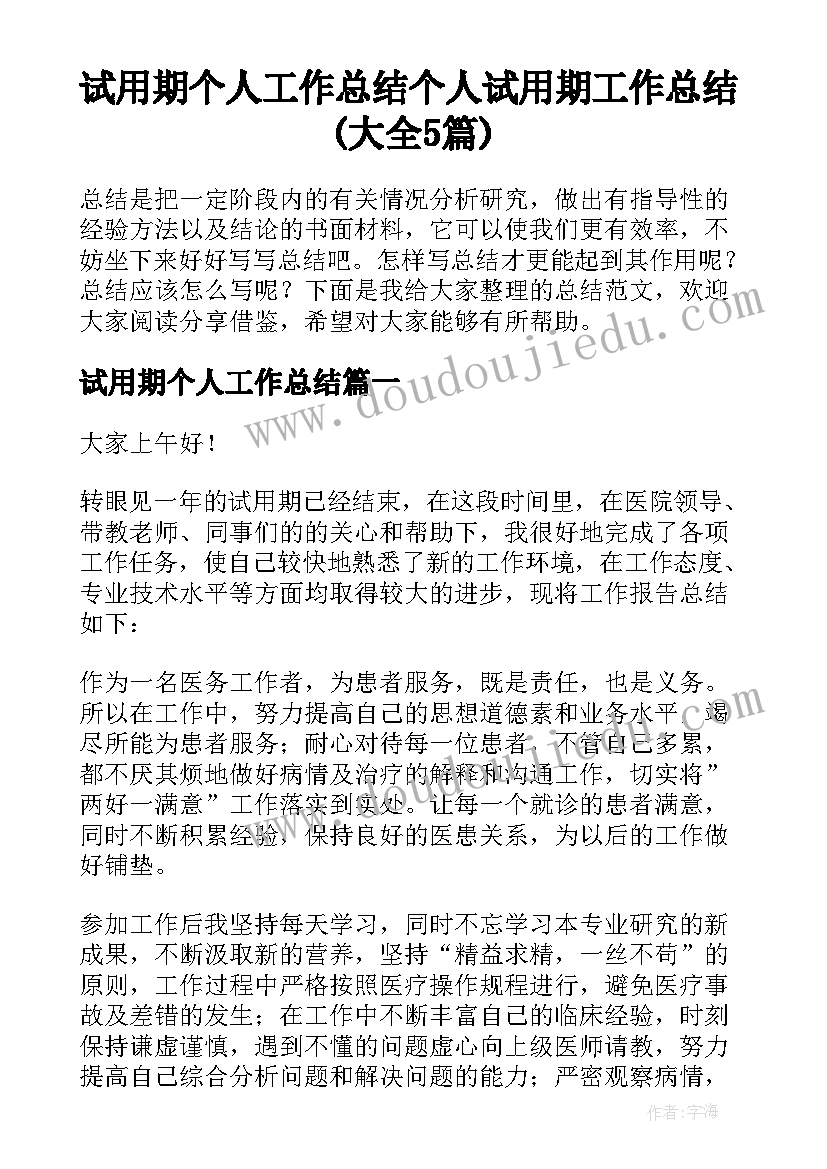 试用期个人工作总结 个人试用期工作总结(大全5篇)