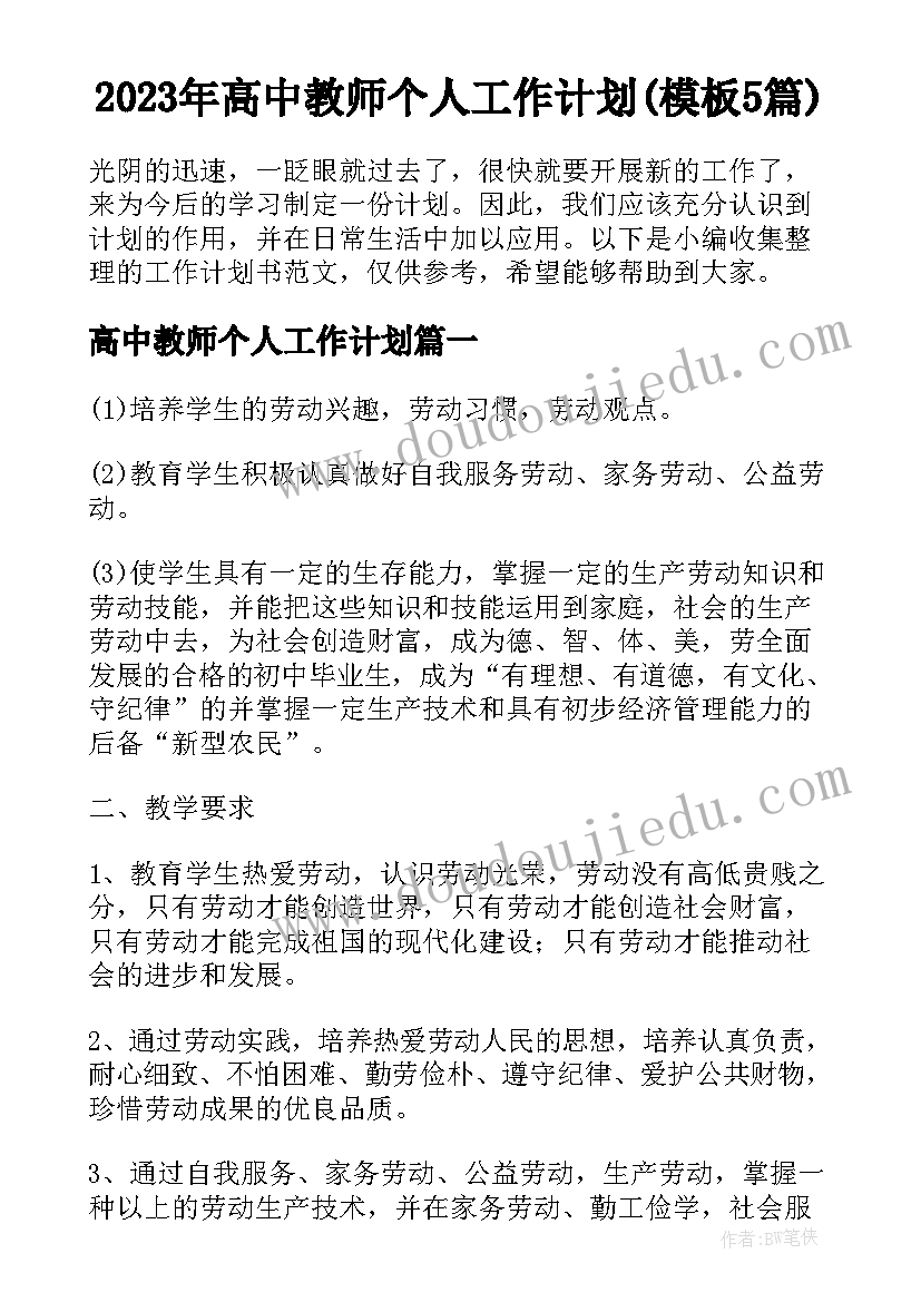 2023年高中教师个人工作计划(模板5篇)