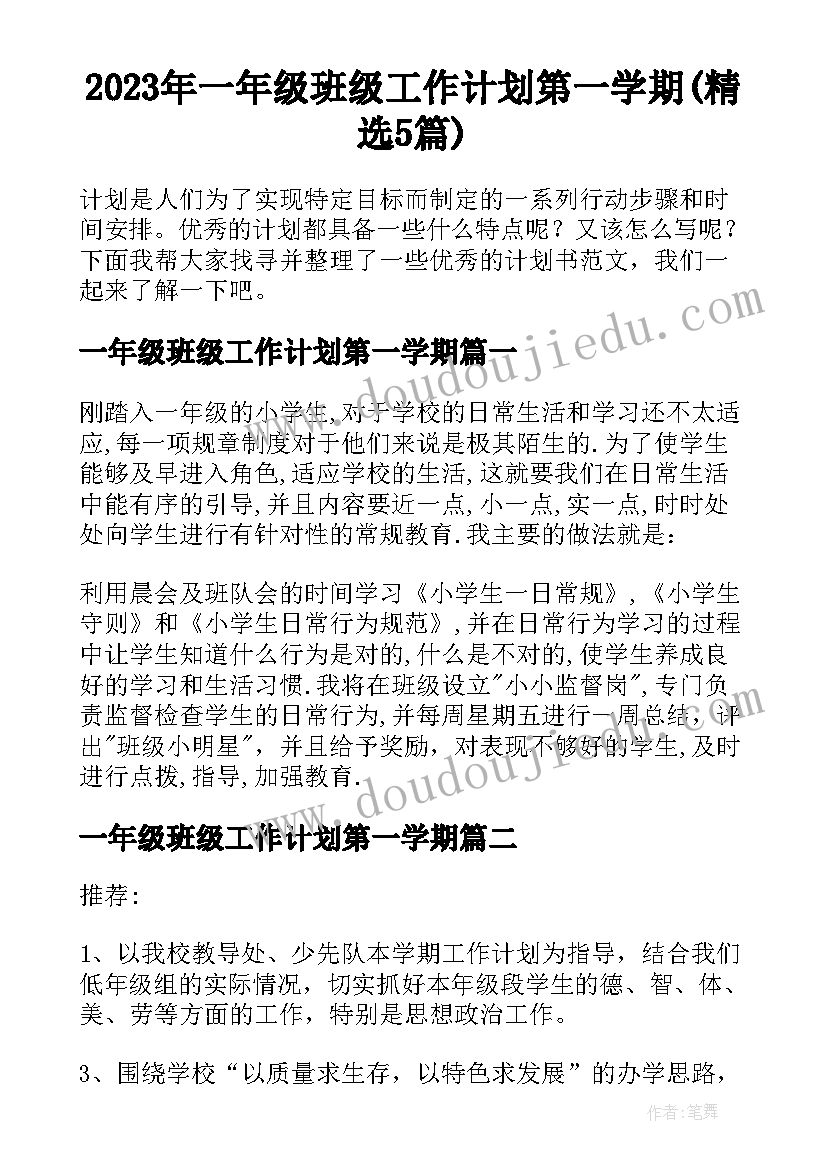 2023年一年级班级工作计划第一学期(精选5篇)