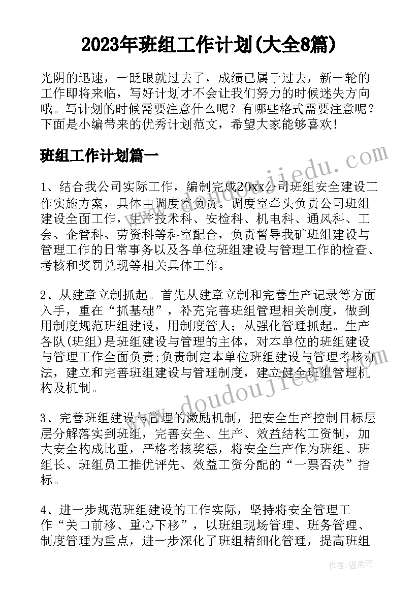 2023年班组工作计划(大全8篇)