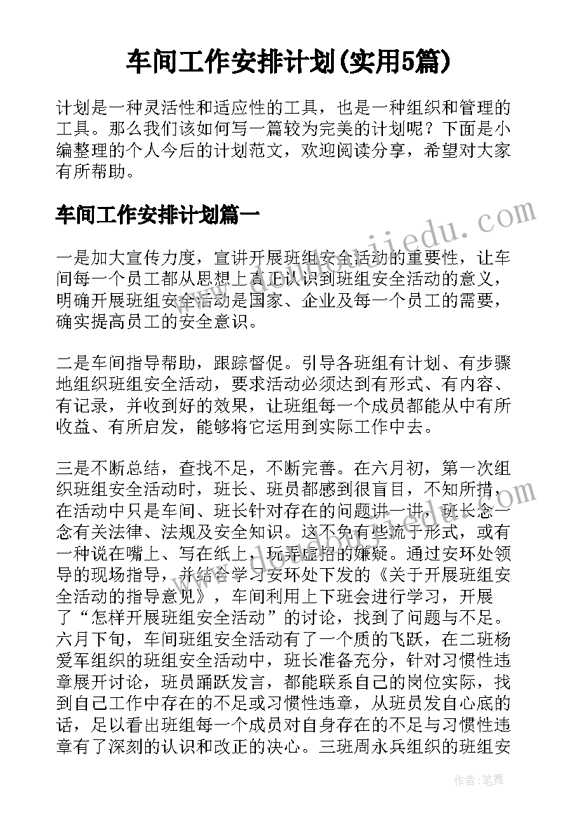 车间工作安排计划(实用5篇)