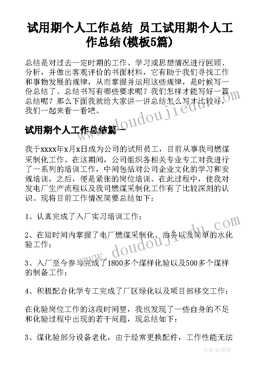 试用期个人工作总结 员工试用期个人工作总结(模板5篇)