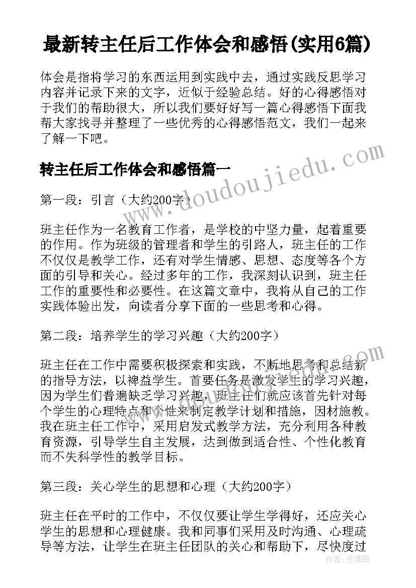 最新转主任后工作体会和感悟(实用6篇)