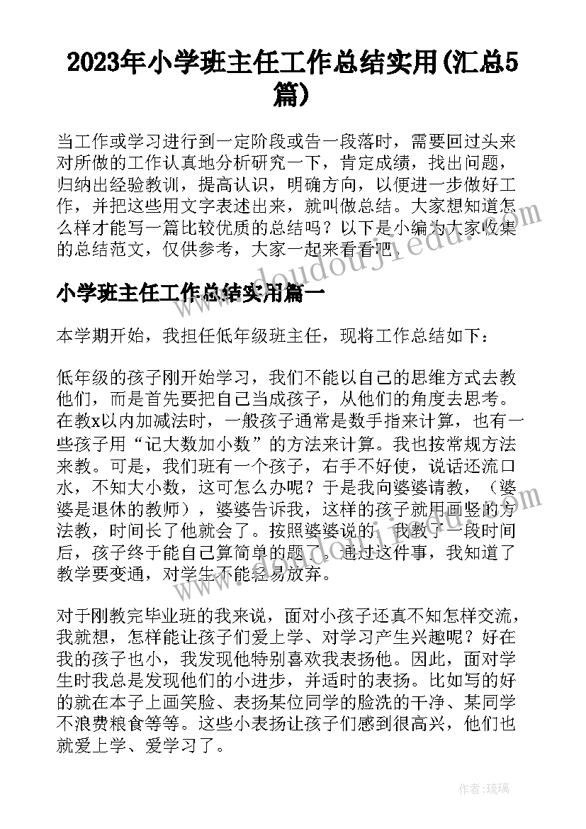 2023年小学班主任工作总结实用(汇总5篇)