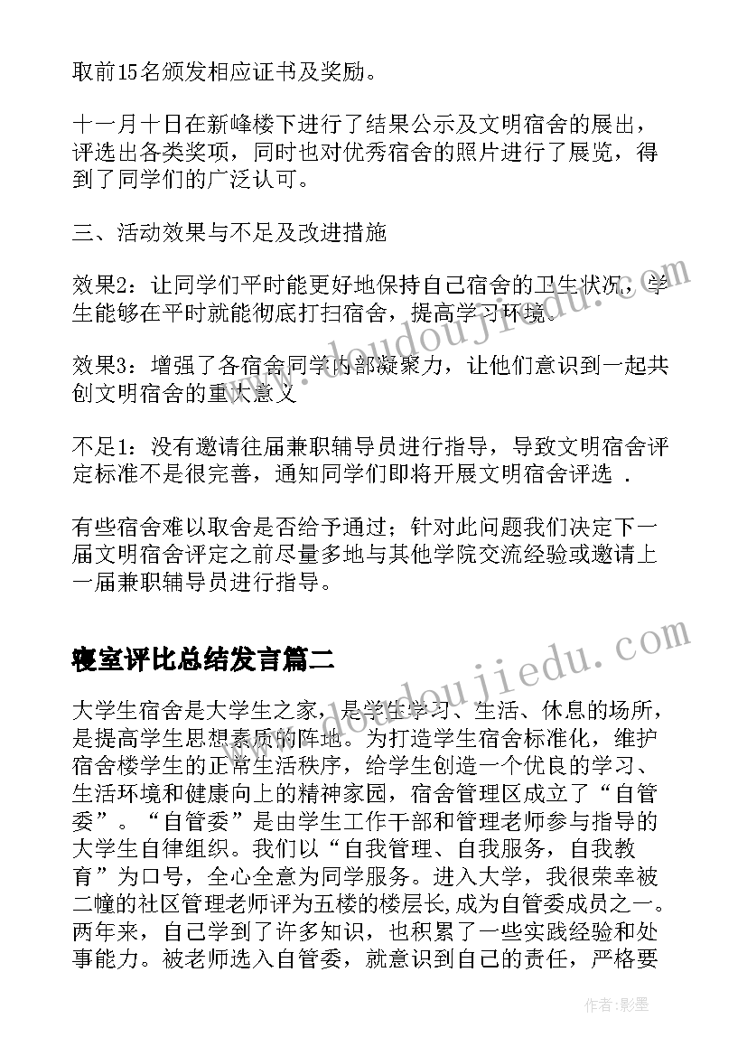 最新寝室评比总结发言(大全5篇)