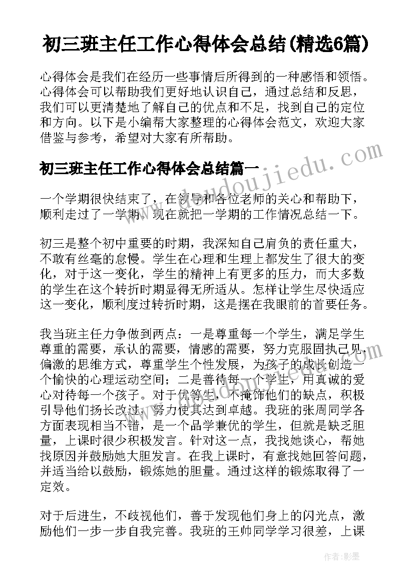 初三班主任工作心得体会总结(精选6篇)