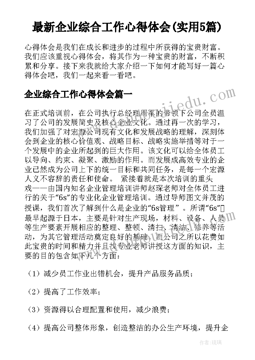 最新企业综合工作心得体会(实用5篇)