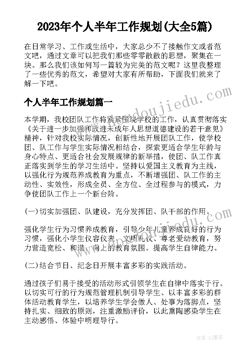 2023年个人半年工作规划(大全5篇)