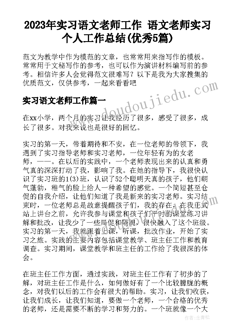 2023年实习语文老师工作 语文老师实习个人工作总结(优秀5篇)