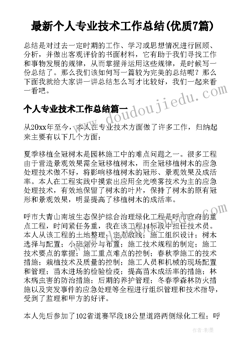 最新个人专业技术工作总结(优质7篇)