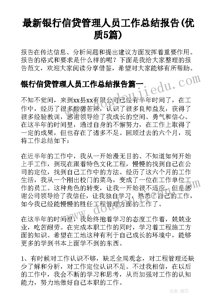 最新银行信贷管理人员工作总结报告(优质5篇)