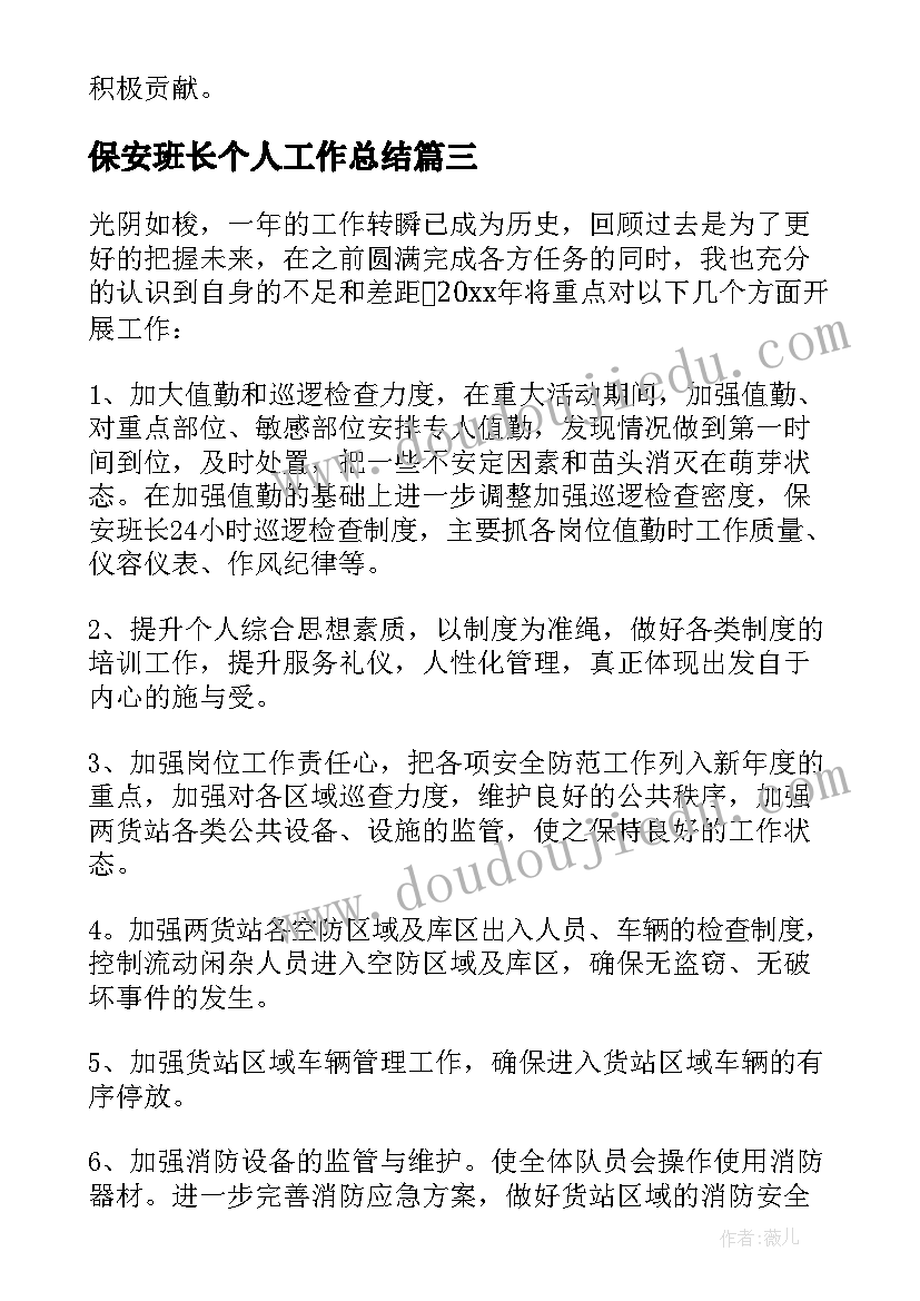 2023年保安班长个人工作总结 保安个人工作总结(优秀9篇)